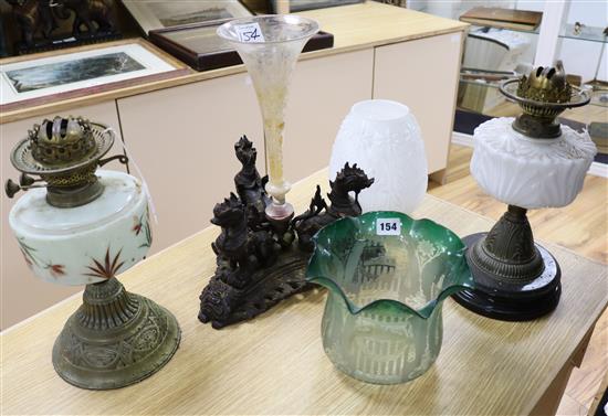 Two Victorian oil lamps and a centrepiece